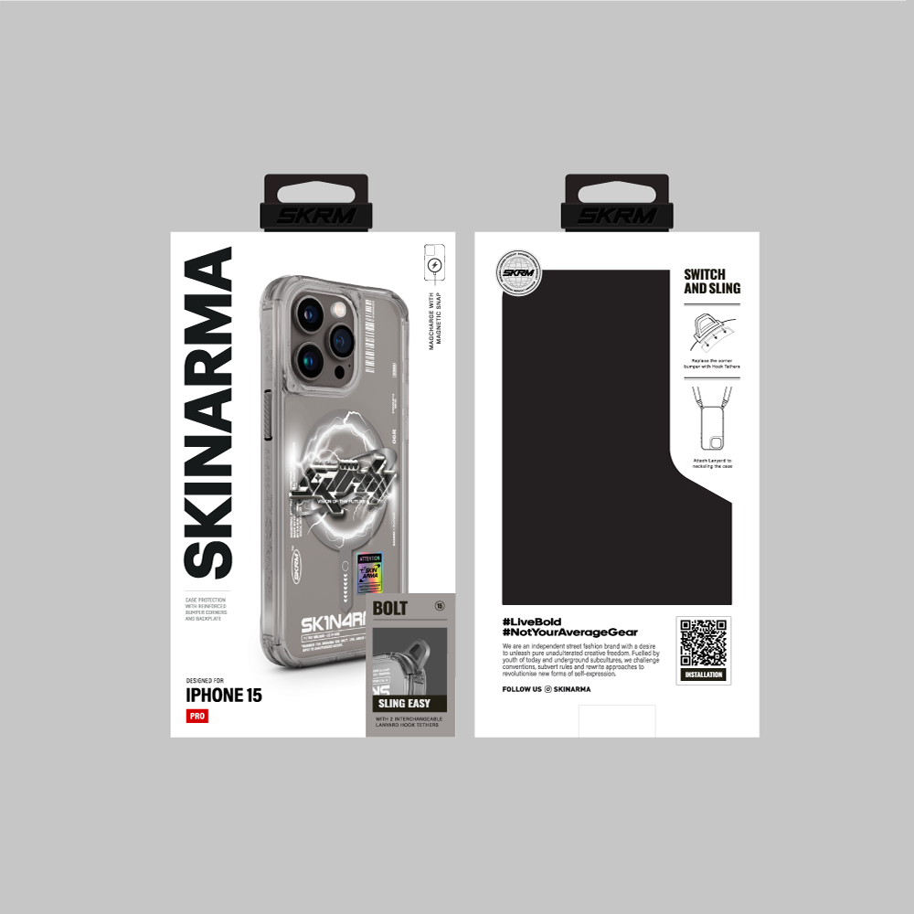 SkinArma Bolt iPhone 15 Pro Max M-safe Şarj Özellikli Yazı Desenli Kılıf SkinArma Bolt iPhone 15 Pro Max M-safe Şarj Özellikli Yazı Desenli Kılıf